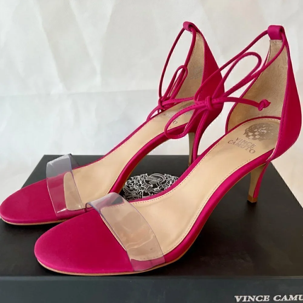Vince Camuto Presinda Heels Ankle Strap Sandals Womens 7 M Pink Nubuck Tie NWB